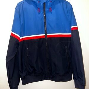 Black Rivet Blue Windbreaker Jacket with Red and White Accents